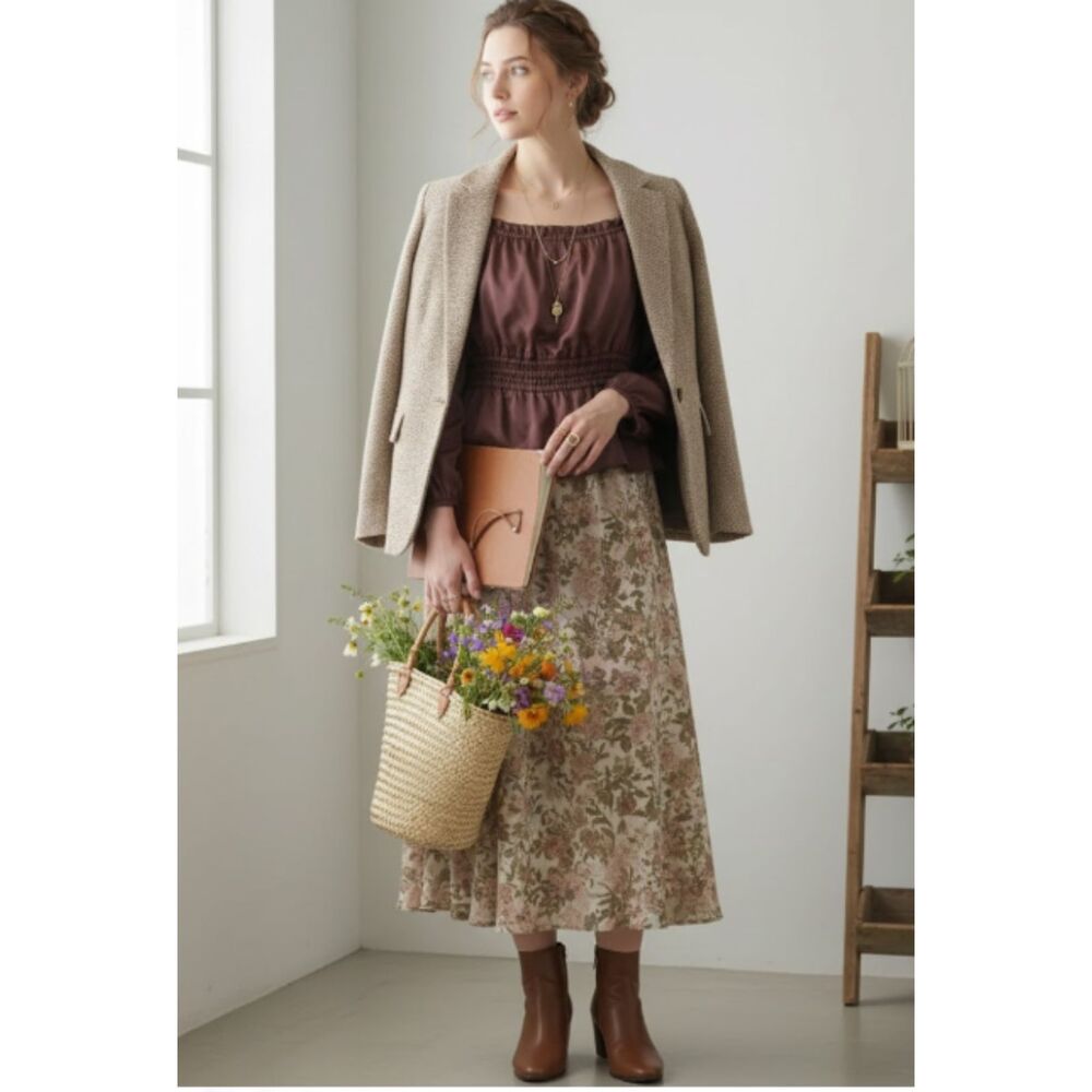 Eloquii Smocked Waist Peplum Puff Sleeve Peasant Brown Blouse Size 26